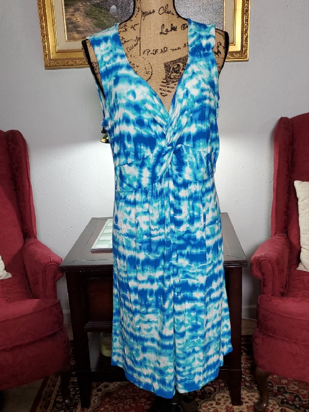 Style & Co. Stretchy Blue and White Tie-Dye Knot-Front Midi Dress Size 2X - Picture 2 of 10